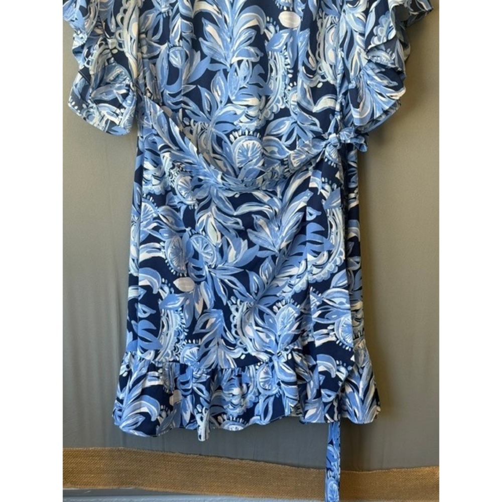 Lilly Pulitzer Cascade Ruffle Sleeve Dress 14 Navy Blue Tropical Botanical Print - Picture 4 of 12
